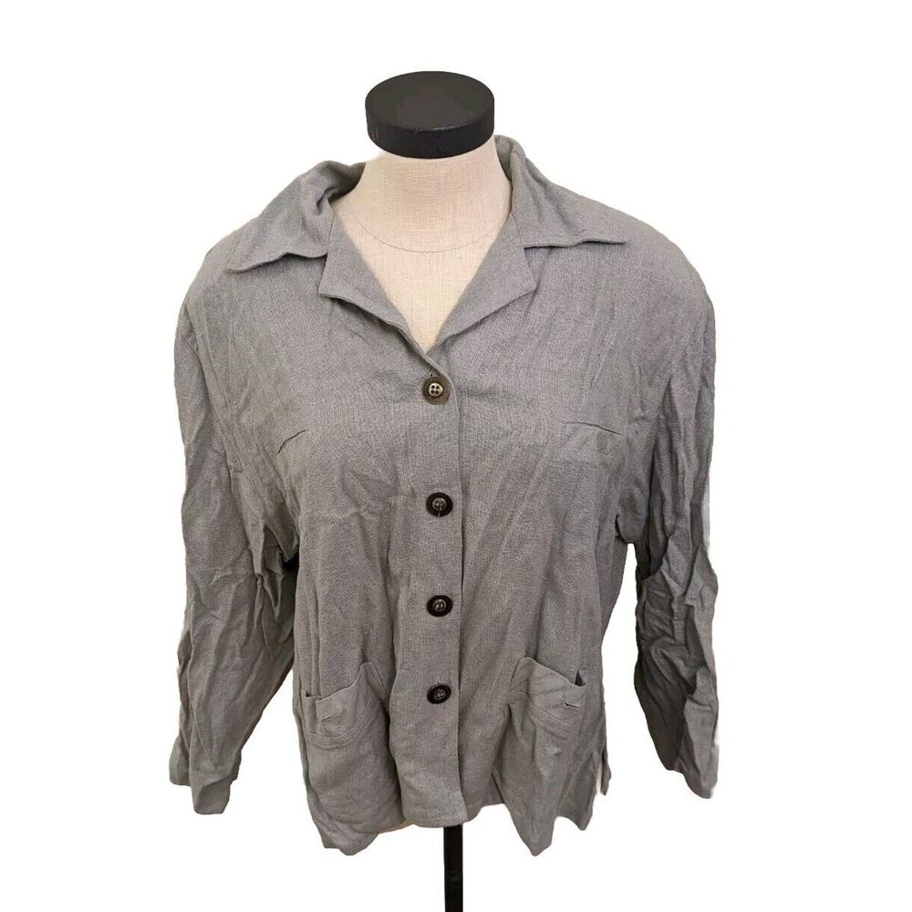Paul Reid By Virginia Moreno Women's Blouse 100% Silk Gray Shoulder Pads Sz L